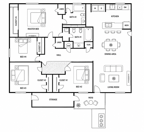 Floor plan for 4 beds, 2 baths, 1206 sqft